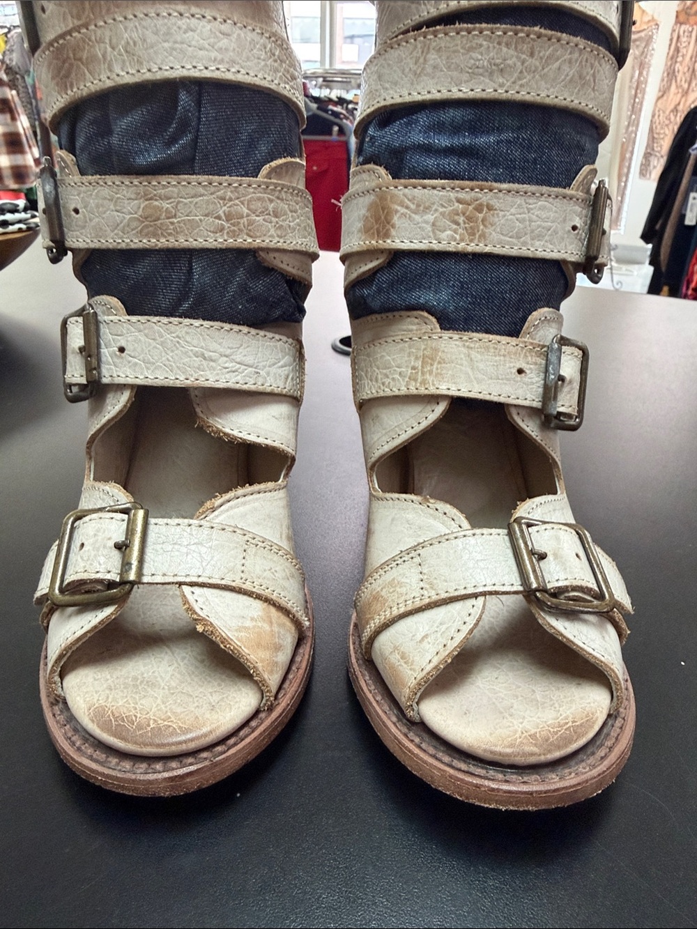 freebird Cream Strappy Buckle Open-Toe Heeled Boots with Denim Inset - Picture 5 of 15